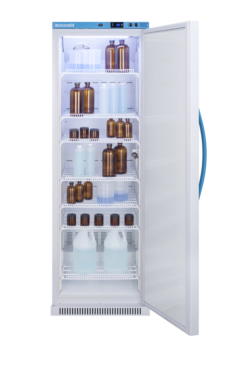 Performance series Med-Lab 15 cu.ft. upright all-refrigerator for laboratory storage with factory-installed data logger, antimicrobial silver ion handle, and hospital grade cord with 'green dot' plug